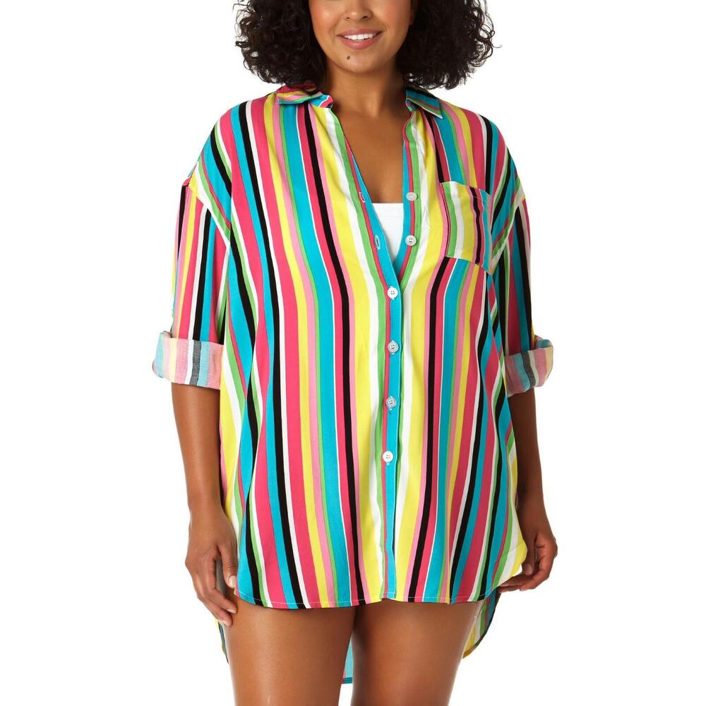 Anne Cole Womens Plus Size 18/20 Boyfriend Button-Down Shirt Swim Cover-Up $98